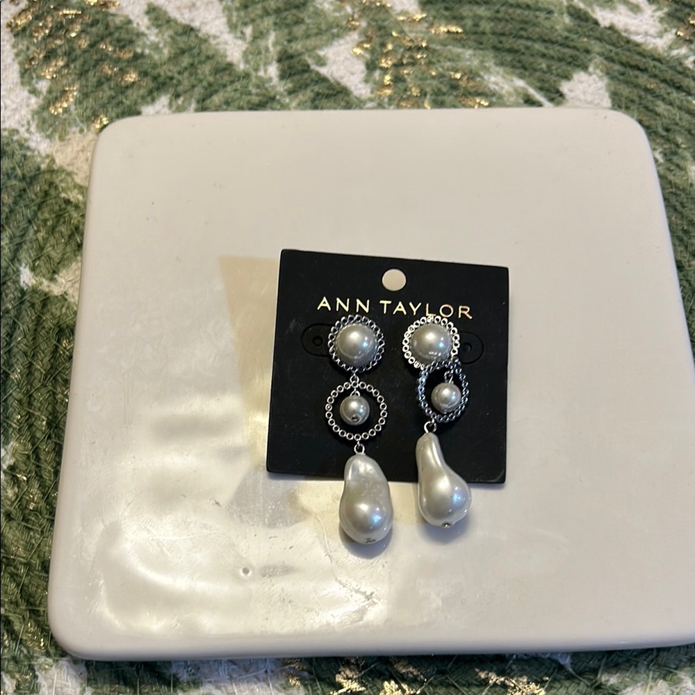 Ann Taylor Silver Pearl Drop Earrings, NWT